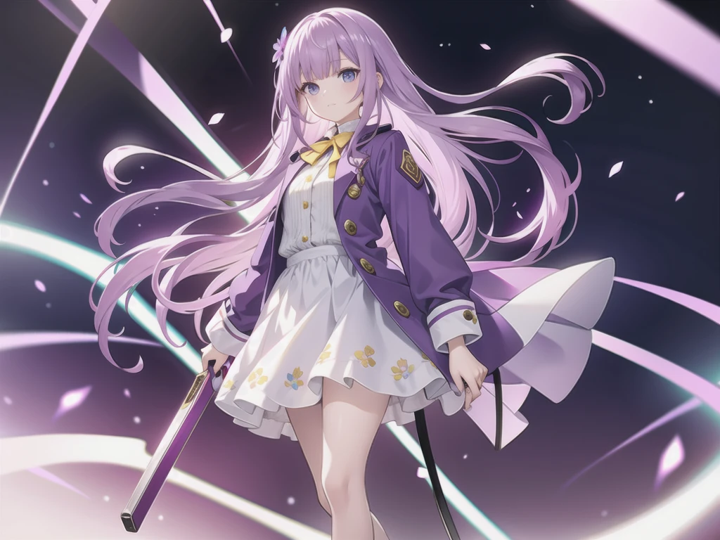 a girl with long, light purple hair, light blue eyes, who has a burgundy blouse with long-sleeved yellow buttons, who has a long jacket that reaches to her feet and that has a flower pattern and that is light purple, have a short burgundy skirt, have white tights and have purple flip flops