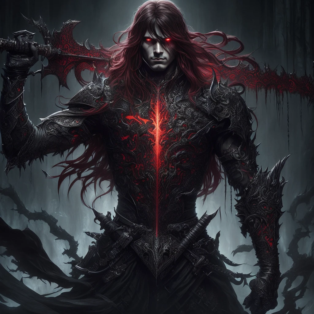 a close up of a person with a sword in a dark room, dark fantasy style art, beautiful male god of death, just art for dark metal music, epic fantasy art style, dark but detailed digital art, epic fantasy digital art style, epic exquisite character art, epic fantasy style art, detailed digital anime art, dark fantasy character design, dark fantasy artwork