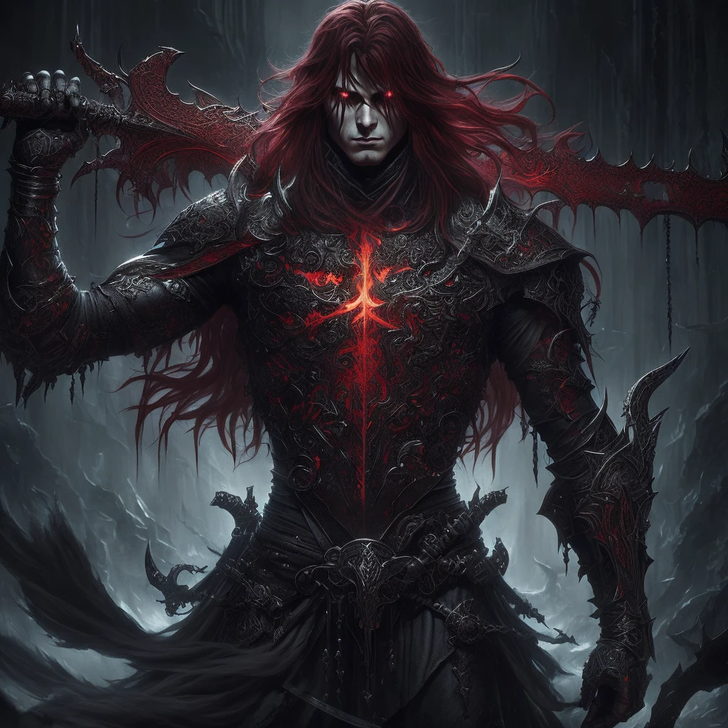 a close up of a person with a sword in a dark room, dark fantasy style art, beautiful male god of death, just art for dark metal music, epic fantasy art style, dark but detailed digital art, epic fantasy digital art style, epic exquisite character art, epic fantasy style art, detailed digital anime art, dark fantasy character design, dark fantasy artwork