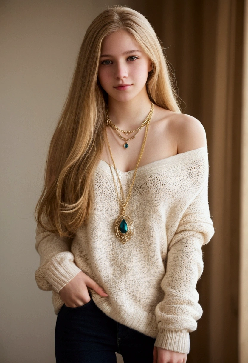 1girl in, 19, Solo, Long hair, Colossal , Looking at Viewer, blondehair, Bare shoulders, Brown eyes, jewely, Full body, a necklace, off shoulders, Sweaters, Realistic, A sexy