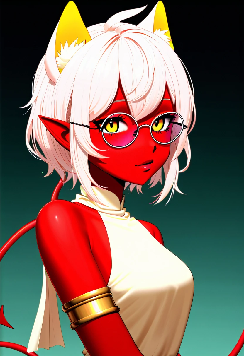 SLE, mksks style, best quality, masterpiece, detailed background, highly detailed, intricate, detailed face, long eyelashes, detailed eyes, (standing:1.1), (thick thighs:1.0), (medium breasts:1.1), (white background:1.3),
(one girl, 1girl:1.1), (solo:1.3), (yellow eyes:1.3), (mint green hair:1.4), (short hair, forehead:1.2), (straight hair:1.3), (choker:1.2), (colored skin:1.3), (bright red skin:1.4), (heart-shaped eyewear:1.3), (demon horns, demon tail:1.2),
(black pencil skirt, black tube top:1.3), (gold arm strap, gold bracelet, gold thigh strap), (black pubic tattoo:1.4),
(light smile, half-closed eyes:1.3), <lora:GoodHands-vanilla:1> <lyco:TahraArt-LyCoris-V1:1>