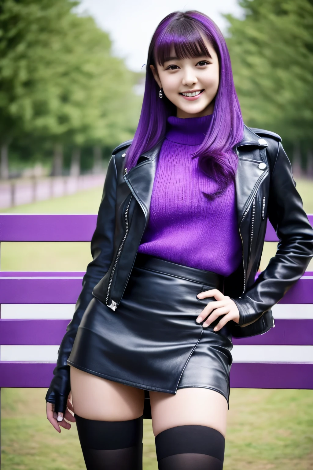 An ultra-high picture quality, Masterpiece, 4K, A girl standing in a park,Black leather riders jacket, pleated black micro miniskirt, Purple hair,black leather long gloves,18 years old,Bangs,A little smile,thighs