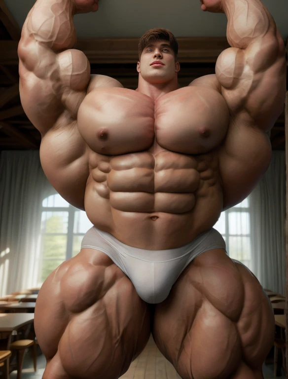 1boy, giant, alone, giant bodybuilder, illuminating light, strong body, bulk, large size, standing, raised arms, armpit, in white interior studio, indoor, naked, nude, white triangular underwear, huge prominent bulge, extraordinary big, brutalmass, giant muscular body, bulk, buff, massive body, large meaty body size, extremely wide body