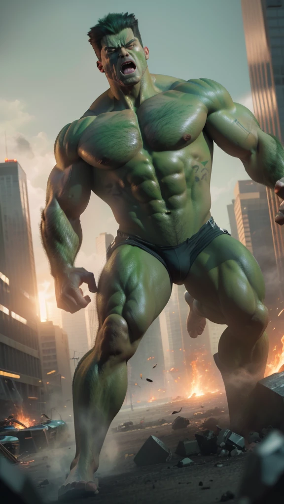 hulk smashing, muscular green humanoid character, angry expression, superhuman strength, destructive power, urban environment, destroyed buildings, cracked ground, cinematic lighting, dramatic pose, action scene, (best quality,4k,8k,highres,masterpiece:1.2),ultra-detailed,(realistic,photorealistic,photo-realistic:1.37),cinematic lighting,dramatic composition,cinematic camera angle