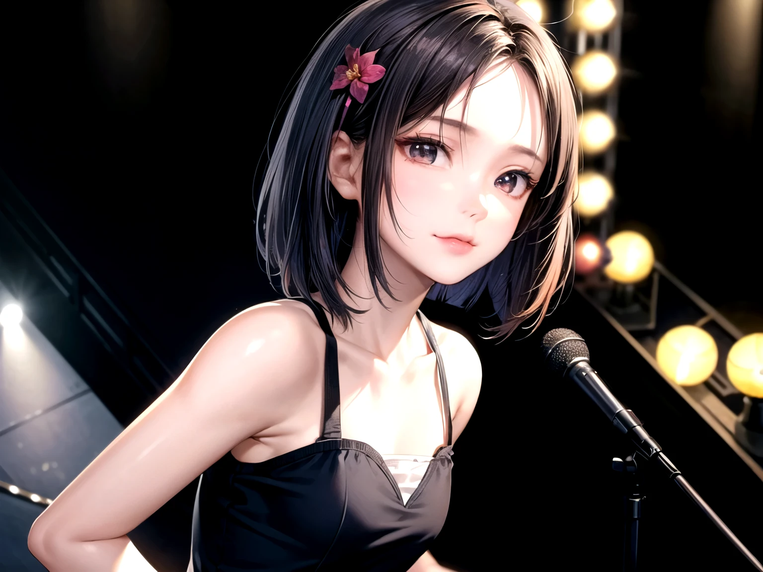 ((Best of the highest quality, 8k, Masterpiece, raw photo: 1.1)), (Sharp focus: 1.1), (1 AESPA, slim body type female, 22 y/o: 1.1), solo, Portrait Waist Up, (realistic, photo-realistic:1.37), face focus, finely small eyes, (forehead, short bob hair: 1.32), (sharp chin, droopy eyes: 1.32), (Emphasize prominent aegyo-sal with bright: 1.28), shimmering eyeshadow applied under the lower lash line, paired with thick, (small breasts, flat chest: 1.2), T-shirt, walking on stage, microphone, flower,