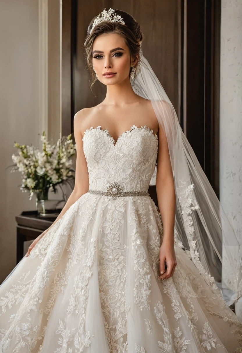 Beautiful woman, beautiful style, beautiful accessories, beautiful makeup, beautiful bride dress, simple,full-length, 