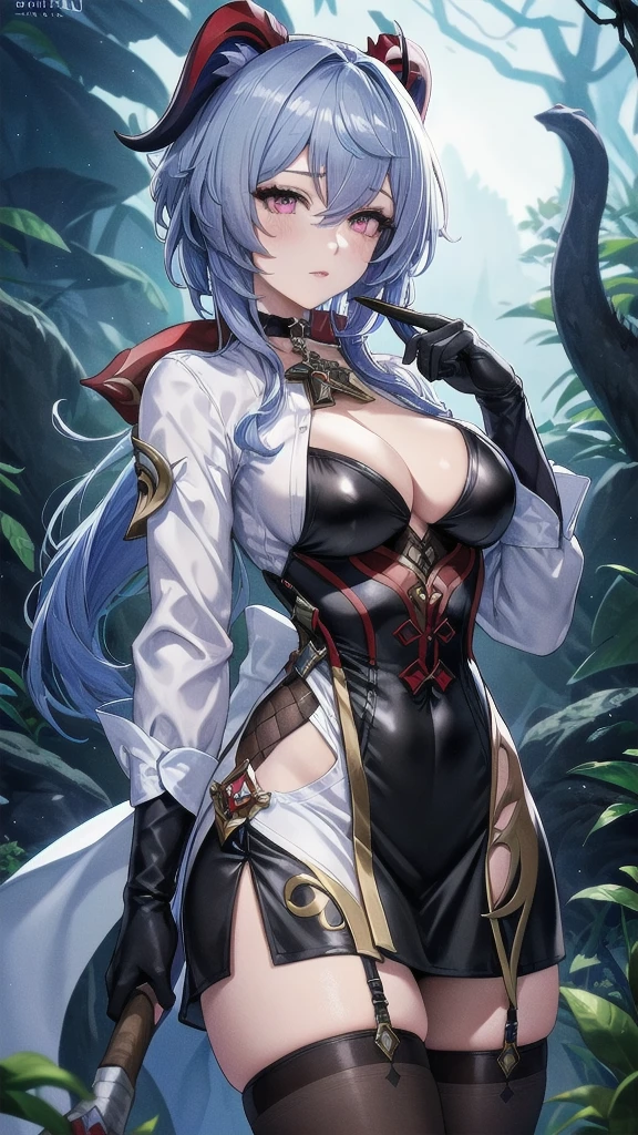 Masterpiece, Beautiful art, professional artist, 8k, sleeping expression, very detailed face, Detailed clothing, detailed fabric, 1 girl, Hiring, (genshin impact), View from the front, standing, perfectly drawn body, pale skin, shy expression, beautiful face, agregar cuernos de Hiring en la cabeza, Long sky blue hair, 4k eyes, very detailed eyes, pink cheeks, choker:1.6, (white long sleeve button down shirt with white collar), black gloves, gloves that cover hands, (holds an ax with his right hand), (black leather corset), (shiny black tight mini skirt), Sensual Lips, show details in the eyes, dark forest, at night, Atmosphere, fog