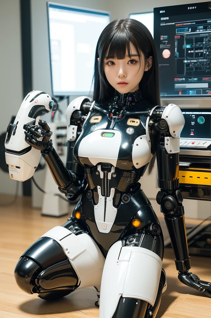 masterpiece, best quality, extremely detailed, Japaese android girl,Plump , control panels,android,Droid,Mechanical Hand, Robot arms and legs,Blunt bangs,perfect robot girl,long tube,thick cable connected her neck,android,robot,humanoid,cyborg,japanese cyborg girl ,future laboratory,robot laboratory,maintenance,connecting a cable between the legs,skirt, She is charging now,