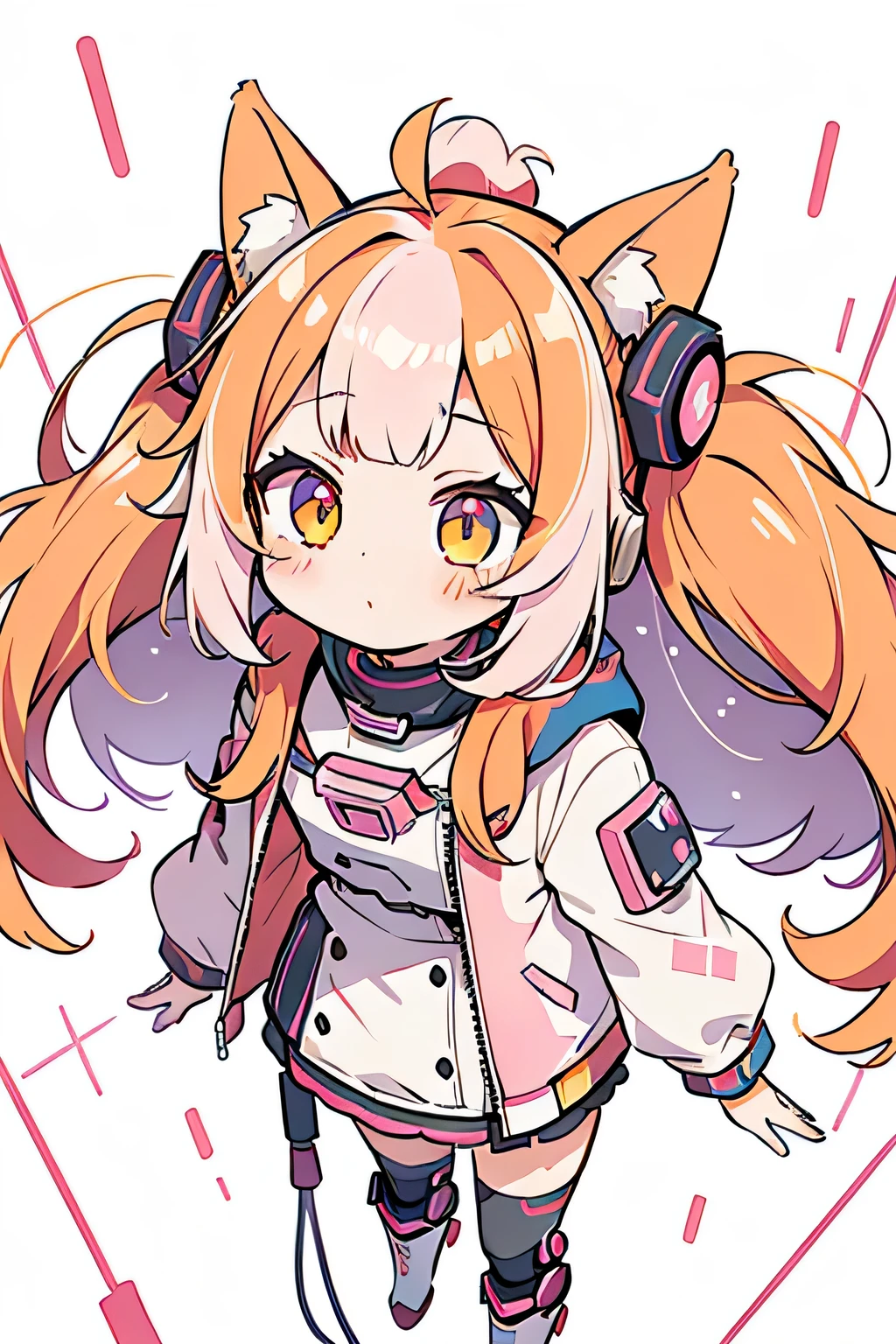 1girl, decora, dynamic angle, breath taking, from above, forced perspective, oversized jacket, neko ears, scarlet hair, unicorn horn, cyber goth themed, kawaiitech, pastel colors, kawaii, cute colors, scifi, reelmech, cyborg, robotic parts, cable electric wires, microchip, , kawaii, color palette: red, orange, yellow