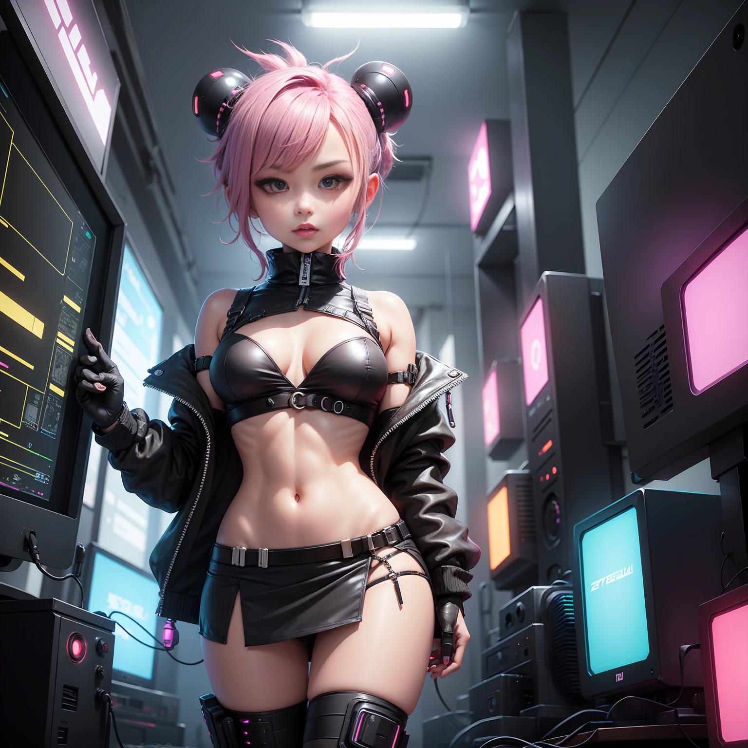 2 Chibi heroes cyberpunk style cute NAKED FRONT COMPUTER (with mini skirt) with breasts in sight,((touching the breasts))