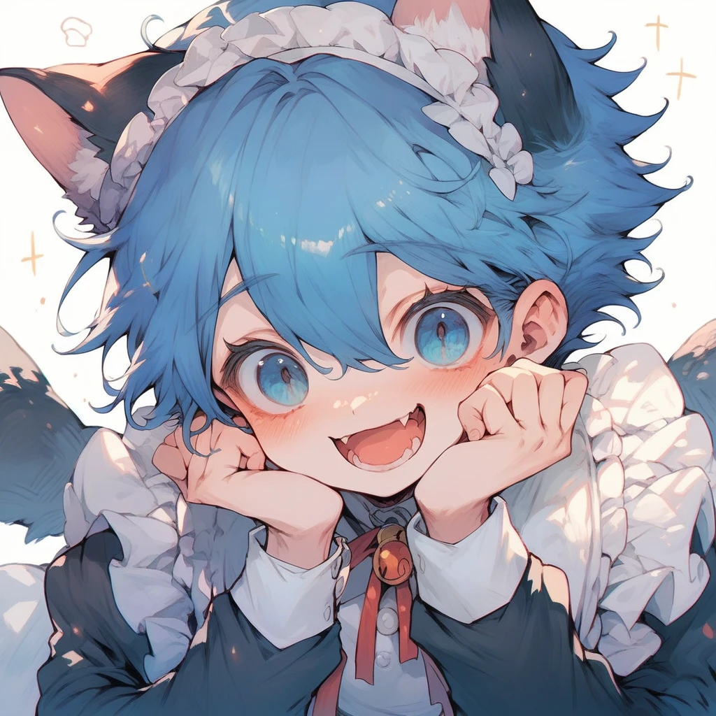 Pontuação_9 pontuação_8_acima, cute maid catboy,eyes blue,hair fluffy half down dark blue,face happy and shy,boy