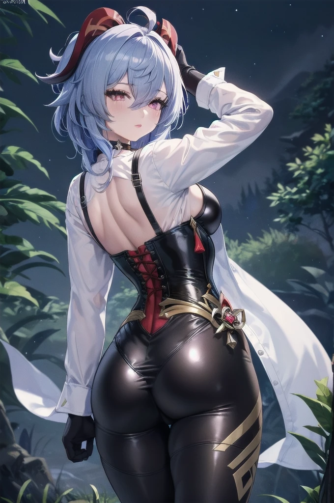 Masterpiece, Beautiful art, professional artist, 8k, sleeping expression, very detailed face, Detailed clothing, detailed fabric, 1 girl, Hiring, (genshin impact), view from behind, perfect ass, standing, perfectly drawn body, pale skin, shy expression, beautiful face, agregar cuernos de Hiring en la cabeza, Long sky blue hair, 4k eyes, very detailed eyes, pink cheeks, choker:1.6, (white long sleeve button down shirt with white collar), black gloves, gloves that cover hands, (black leather corset), (shiny black leggings), Sensual Lips, show details in the eyes, dark forest, at night, Atmosphere, fog