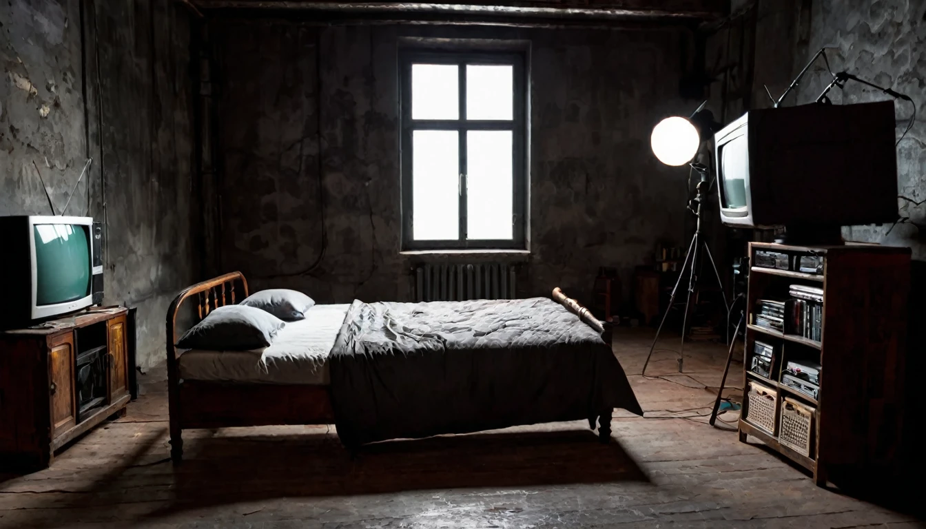 small old studio, dark environment, television, simple bed, sofa, tense atmosphere, no people in the place