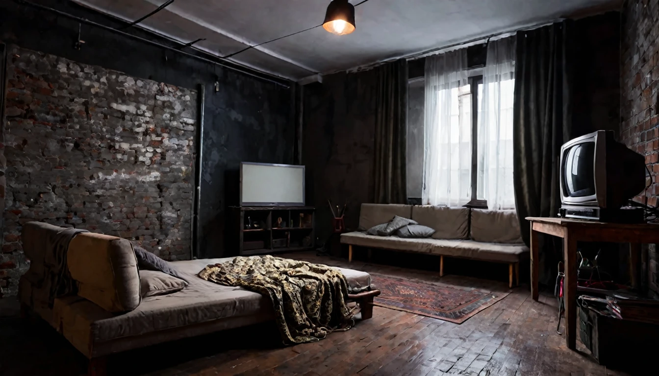 small old studio, dark environment, television, simple bed, sofa, tense atmosphere, no people in the place