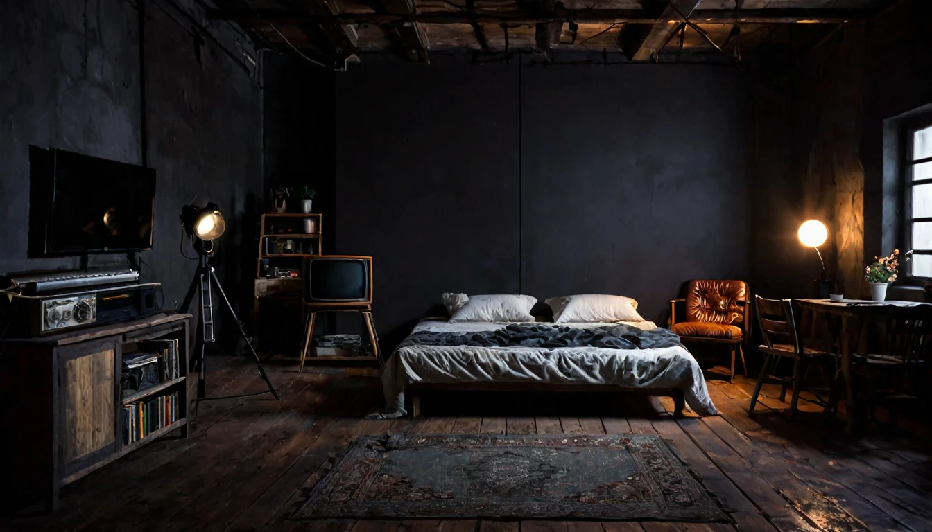 small old studio, dark environment, television, simple bed, sofa, tense atmosphere, no people in the place