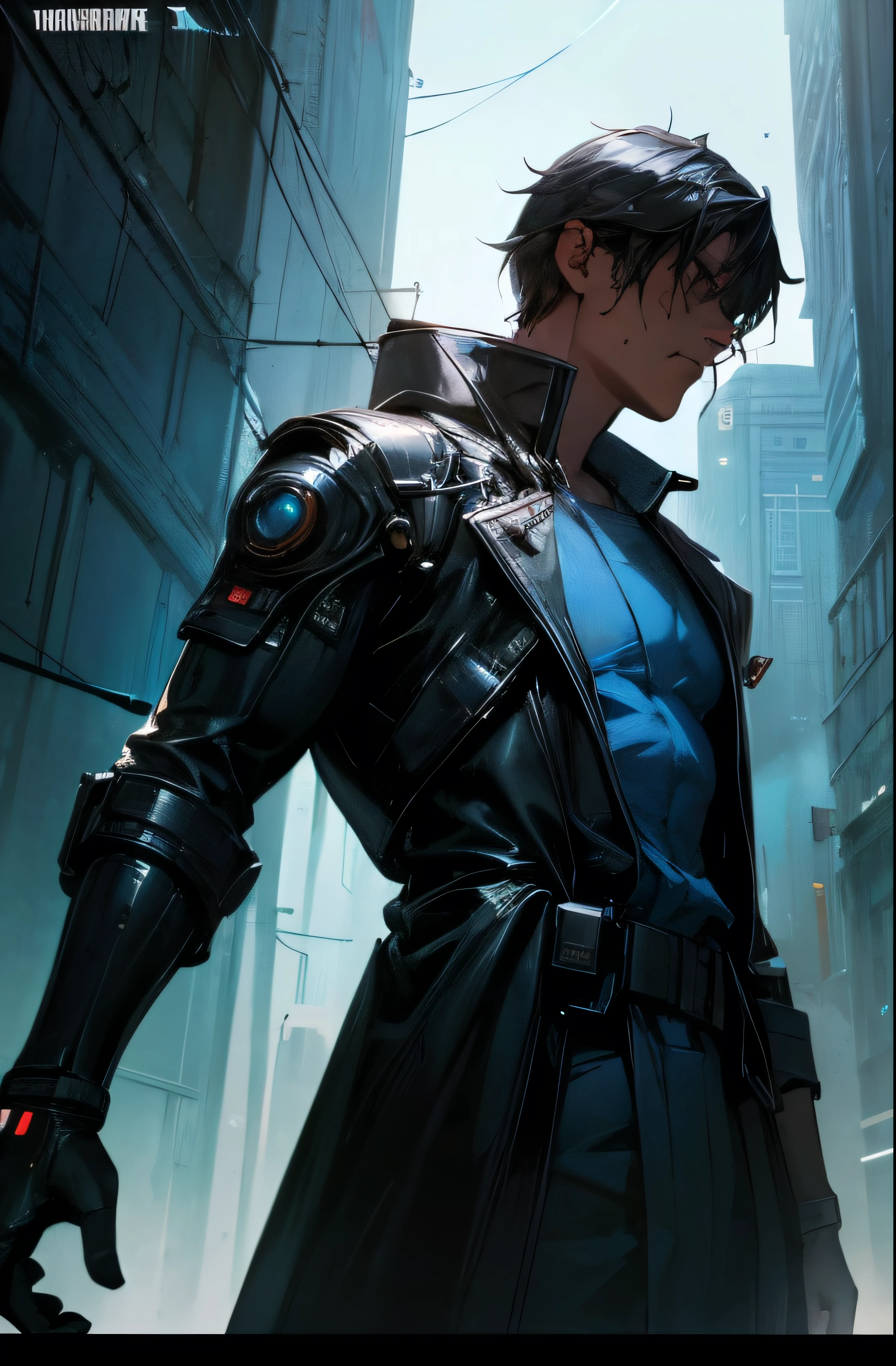 (best quality:1.3), (best performance:1.2), (best illustration:1.2), (Comic style:1.2), (artistic cinematic lighting:1.2) (1man) wearing futuristic technological Cyberpunk electronic robes, his body is covered by metallic parts, in a cinematic horror movie background in a futuristic Cyberpunk city.