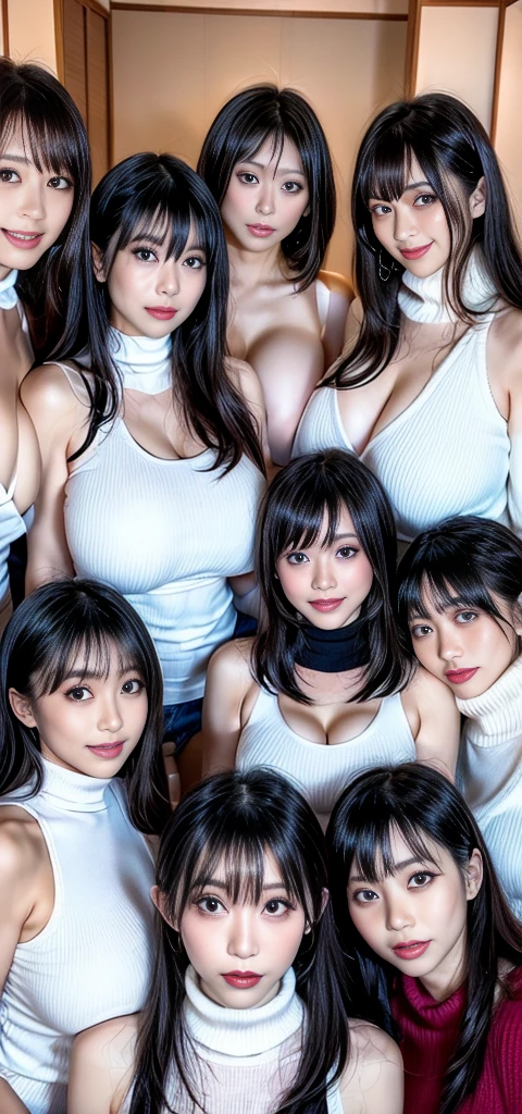 (((A group photo of the top 3 beautiful Japanese moms)))、Everyone has different types and hairstyles, but they are beautiful.、((All of them are obscene and have long breasts that are too big.))、different sexual poses、All wearing turtleneck sleeveless knit sweaterull of big breasts、A room filled with the smell of meth、((Everyone emphasizes their big breasts))、living room