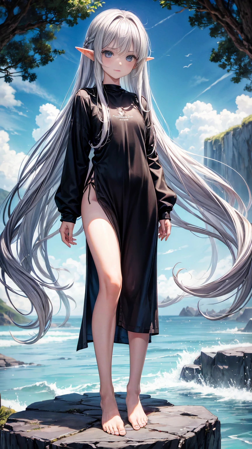 Elf Girl、8-year-old、Medium-long silver hair、Silver Eyes、Big black t-shirt、No bottoms worn、barefoot、Seductive expression、whole body、Standing posture