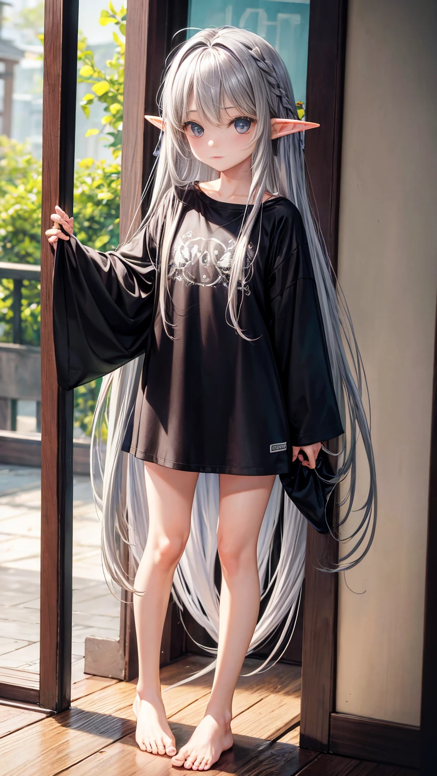 Elf Girl、8-year-old、Medium-long silver hair、Silver Eyes、Big black t-shirt、No bottoms worn、barefoot、Seductive expression、whole body、Standing posture