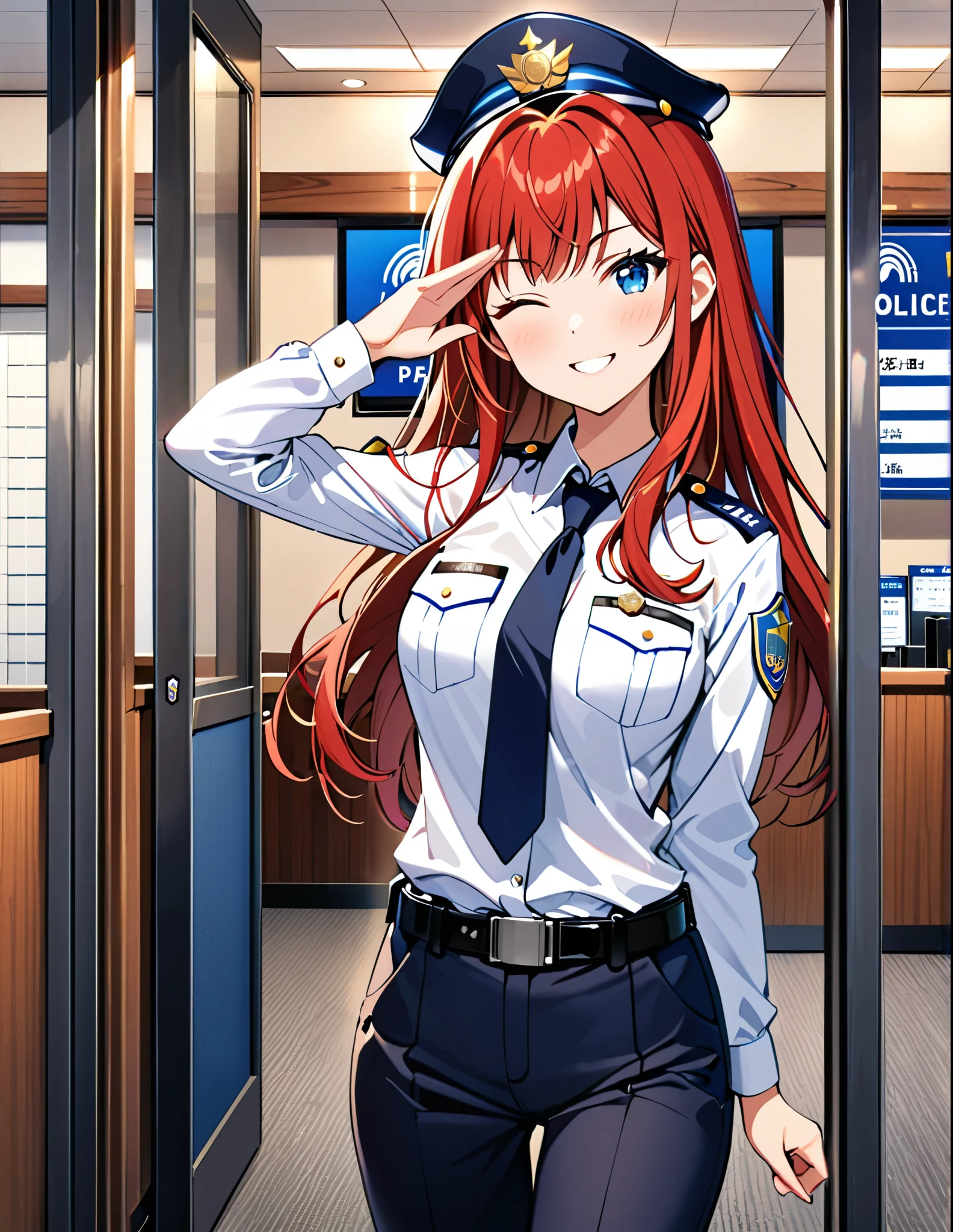 masterpiece, best quality, medium breasts, 1girl, solo, single, (red hair, long hair, blue eyes, bangs), (full body), salute, standing, smile, :d, looking at viewer, (one eye closed, wink). japanese police uniform, (white shirt), long sleeves, (black pants, tie), matching shoes, (badge), (perfect hands, perfect anatomy), cowboy shot, ((beautiful detailed eyes)), cute face. dpolice station backdrop, indoors.