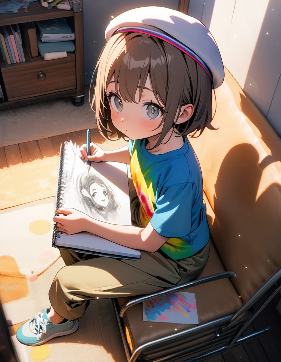 (8K, best quality, master piece: 1.2),super high resolution,1 girl,16yo,solo,ultra-detailed face,deep detailed eyes,Shiny Brown hair,short hair,Beret,tye dye tee,khaki gaucho pants,The girl is drawing on her shoulder in a sketchbook. The sketchbook has illustrations of three cats in different positions, along with the date,rim light,From above,Sitting,messy children's room