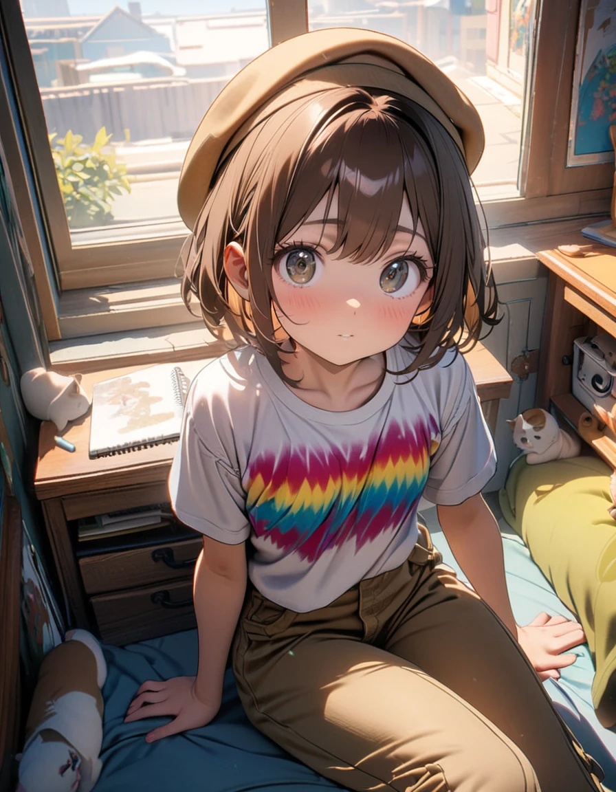 (8K, best quality, master piece: 1.2),super high resolution,1 girl,16yo,solo,ultra-detailed face,deep detailed eyes,Shiny Brown hair,short hair,Beret,tye dye tee,khaki gaucho pants,The girl is drawing on her shoulder in a sketchbook. The sketchbook has illustrations of three cats in different positions, along with the date,rim light,From above,Sitting,messy children's room