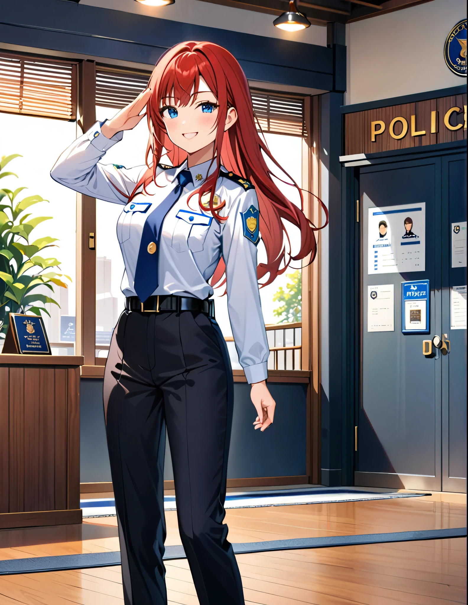 masterpiece, best quality, medium breasts, 1girl, (solo, solo focus), (red hair, long hair, blue eyes, bangs), (full body), salute, standing, smile, :d, looking at viewer, (one eye closed, wink). japanese police uniform, (white shirt), long sleeves, (black pants, tie), matching shoes, (badge), (perfect hands, perfect anatomy), cowboy shot, ((beautiful detailed eyes)), cute face. dpolice station backdrop, indoors.