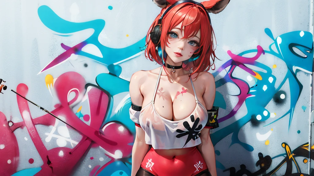 masterpiece, best quality, 1girl, solo, crop top, ((colossal cleavage, nsfw:1.3)), gym leggings, choker, (graffiti:1.5), paint splatter, arms behind back, see-through clothes, against wall, looking at viewer, armband, thigh strap, paint on body, head tilt, bored, multicolored hair, aqua eyes, headset, peepshow, (nipples), (((petting cameltoe)))