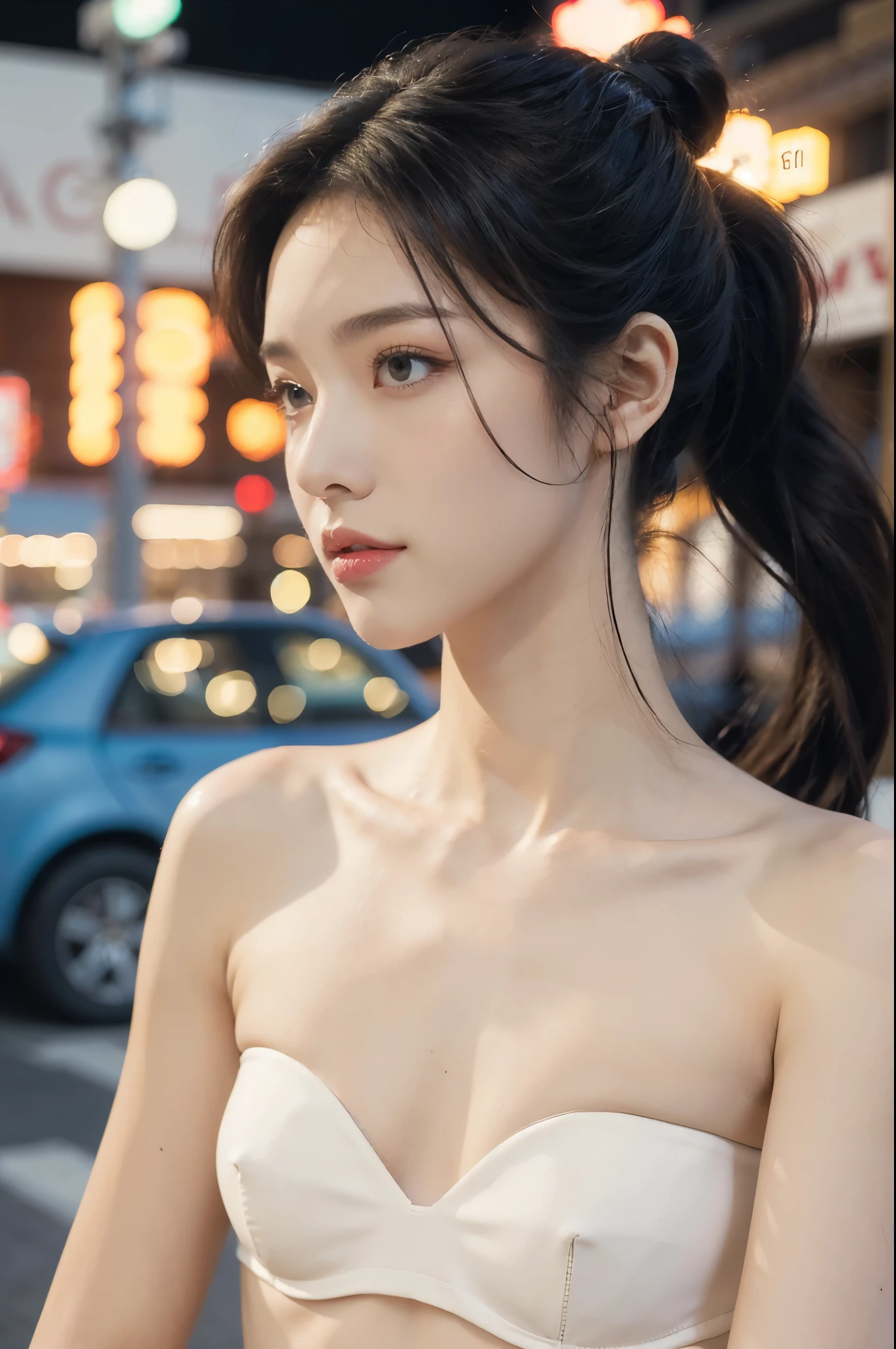 (((best quality))),(((ultra detailed))),(((masterpiece))),illustration,((1 beautiful girl,solo)),((slim,thin)),((small breasts,flat chest)),(short ponytail:1.2), summer night, city streets, (strapless white bra:1.3),gentle breeze, see-through shirt,rolled-up sleeves, casualness, youthful charm, natural beauty, facial features,ankles, vibrant colors, neon signs, streetlights, bustling activity, cars buzzing by, chatter of people, confident, ease, white outfit, vibrant urban landscape,(standing:1.3),((from front,close-up of face))