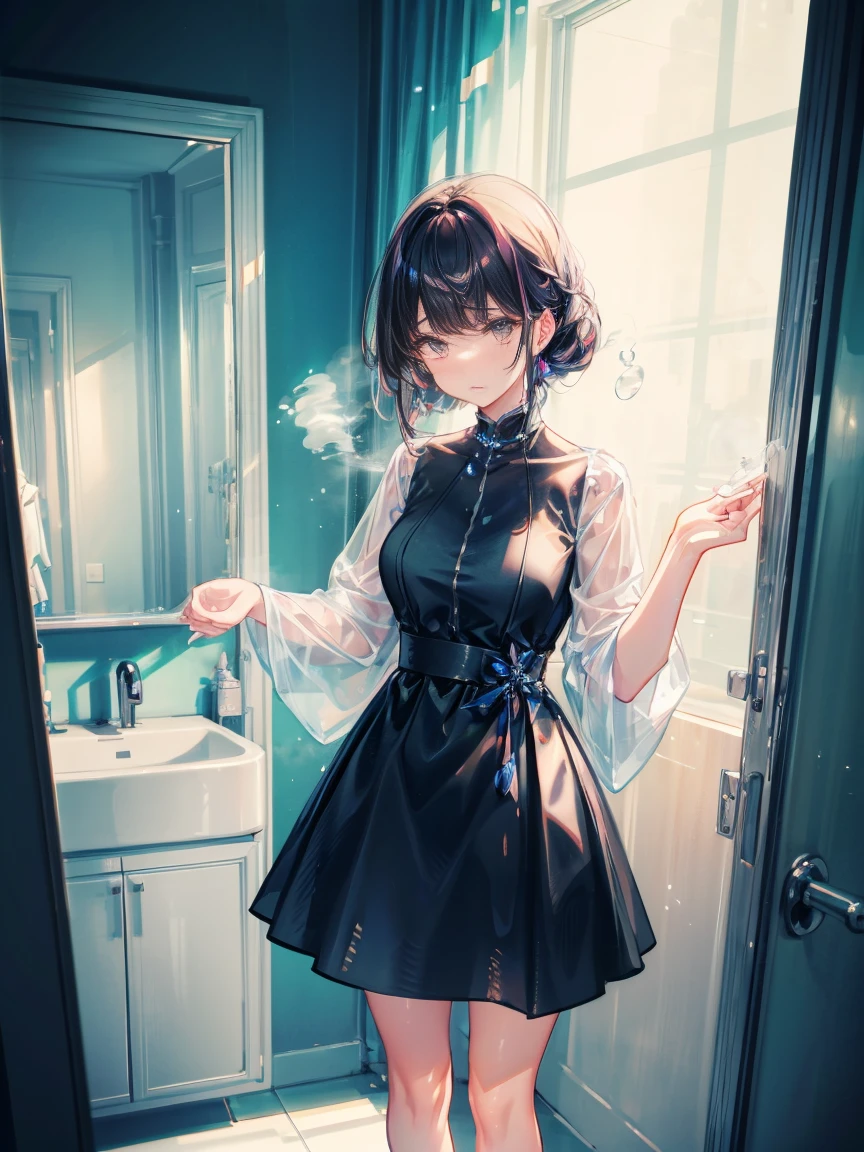 Beautiful woman、２８age、Draw a scene of Misaki standing in front of the bathroom mirror.。Misaki is wearing a transparent black dress with a light mist-like texture.。The dress symbolized her loneliness.、It gives a heavy yet ephemeral feeling.。Her expression is sad and introspective.、I&#39;m looking at myself in the mirror。The background is a simple and contemporary bathroom.、The soft morning light shines in、There&#39;s a little bit of steam。The cityscape is faintly reflected in the mirror.。