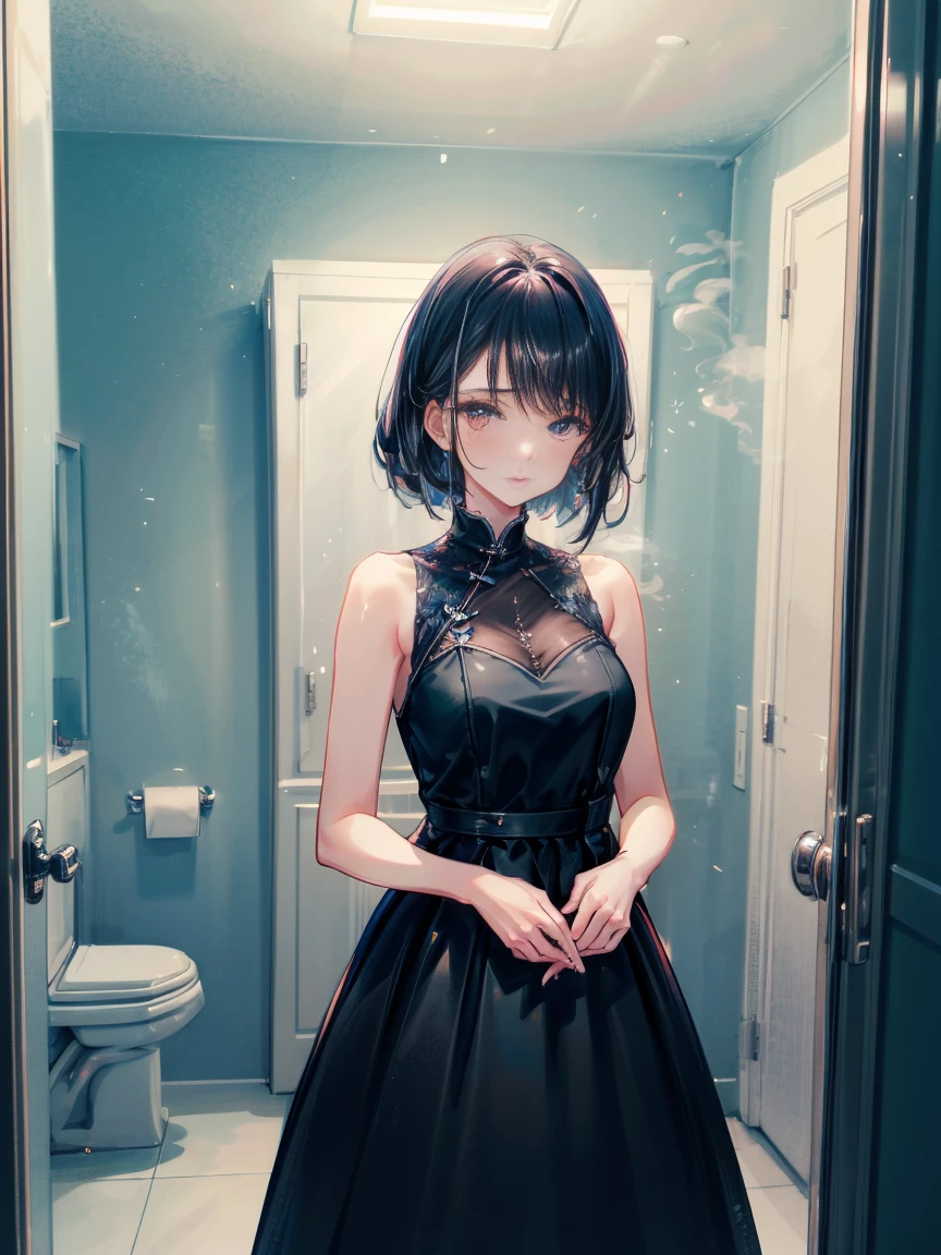 Beautiful woman、28age、Draw a scene of Misaki standing in front of the bathroom mirror.。Misaki is wearing a transparent black dress with a light mist-like texture.。The dress symbolized her loneliness.、It gives a heavy yet ephemeral feeling.。Her expression is sad and introspective.、I'm looking at myself in the mirror。The background is a simple and contemporary bathroom.、The soft morning light shines in、There's a little bit of steam。The cityscape is faintly reflected in the mirror.。