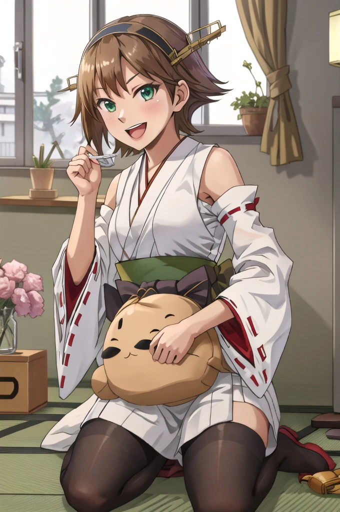 Highest quality, masterpiece, High resolution, 一人in, {Hiei Kai-2_Fleet Collection:1.15}, brown_hair, short_hair, hairband, headgear, Non-traditional_Shrine maiden, smile, green_eye, Inverted up_hair, Open_mouth, One girl, independent_sleeve, Japanese_Clothes, Looking_in_Audience, ribbon-trimmed_sleeve, ribbon_trim, whole body, , (indoor, office, living room),