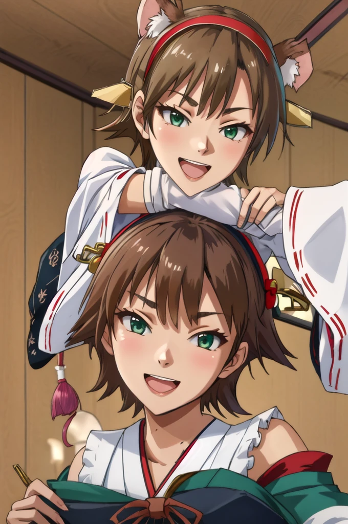 Highest quality, masterpiece, High resolution, 一人in, {Hiei Kai-2_Fleet Collection:1.15}, brown_hair, short_hair, hairband, headgear, Non-traditional_Shrine maiden, smile, green_eye, Inverted up_hair, Open_mouth, One girl, independent_sleeve, Japanese_Clothes, Looking_in_Audience, ribbon-trimmed_sleeve, ribbon_trim, whole body, , (indoor, office, living room),