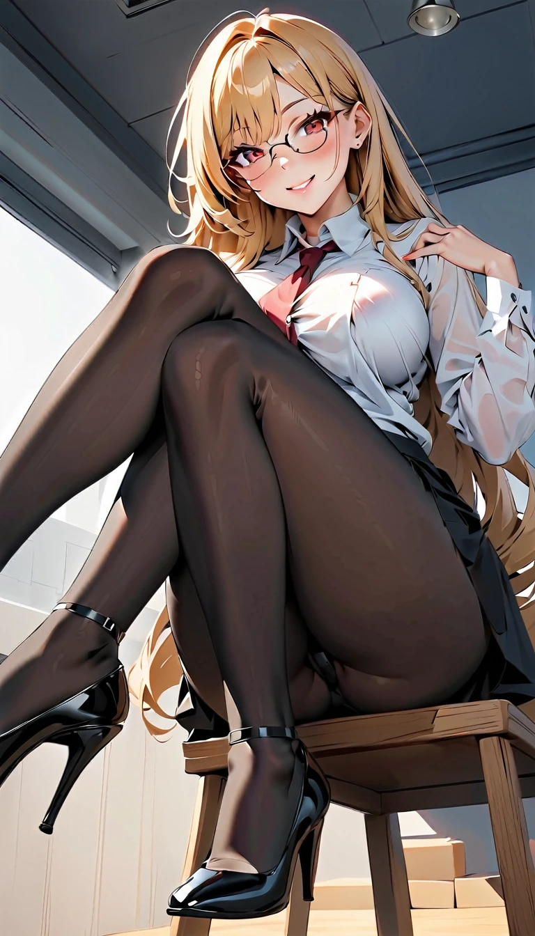 (highest quality: 1.2, Highly detailed, Latest, Vibrant, Super detail, Ultra-high resolution, High contrast, masterpiece: 1.2, highest quality, Best aesthetics, aya:0.9), alone, (1 woman), /( teacher/ ), (teacher), long hair, blonde hair, (red eyes: 1.3), long hair with brown highlights, thighs, black skirt,white shirt,sexy, cleavage, painted nails,thighs with tights, glasses, classroom, shake hands welcome, pink lips, heels, sexy thigh, detailed leg, dynamic angle, random pause, highly detailed face and skin texture, cowboy shot,marin kitagawa,look from below,thongs,pantyhose,seductive smile,one leg stand on chair, smiling , one leg up,red nails, large breasts ,thongs,tie, sitting on chair, perfect body, white heels,