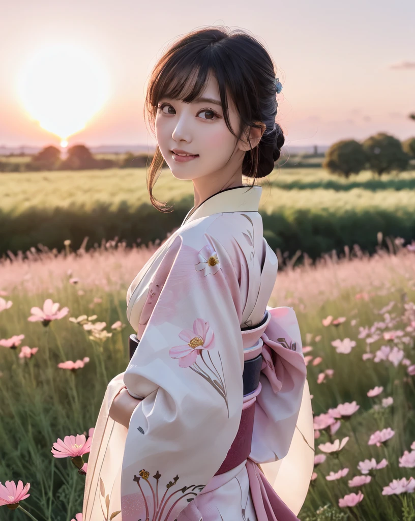 in(Highest quality, 32k, High resolution, Masterpiece:1.5), marimo_jet, god々A photograph with brilliant dazzling and healing power., Evoking a sense of calm and elusive beauty, Expressing emotions, Have a rich imagination, A flower field that stretches to the horizon, Nostalgic scenery of youth, Beautiful Japanese Girls, An exceptionally beautiful face, Small Face Beauty, Perfect Human Anatomy, Magical big eyes, Motherhood and generosity, Deep Love, fleeting smile, Shiny black hair, Beautiful long hair swaying in the wind, Asymmetrical bangs, Hair between the eyes, Transparent, soft white skin, Sharp eyebrows, Thin lashes, Natural Makeup, Cheek highlighter, Pale pink detailed lips, (Flower pattern kimono:1.4), ((Cosmos fields stretching to the horizon:1.3)), ((Pink Sky:1.3)), Beautifully detailed skies, ((Shining in the morning sunlight)), Professional photographer, Professional Lighting, Professional models, god秘的
