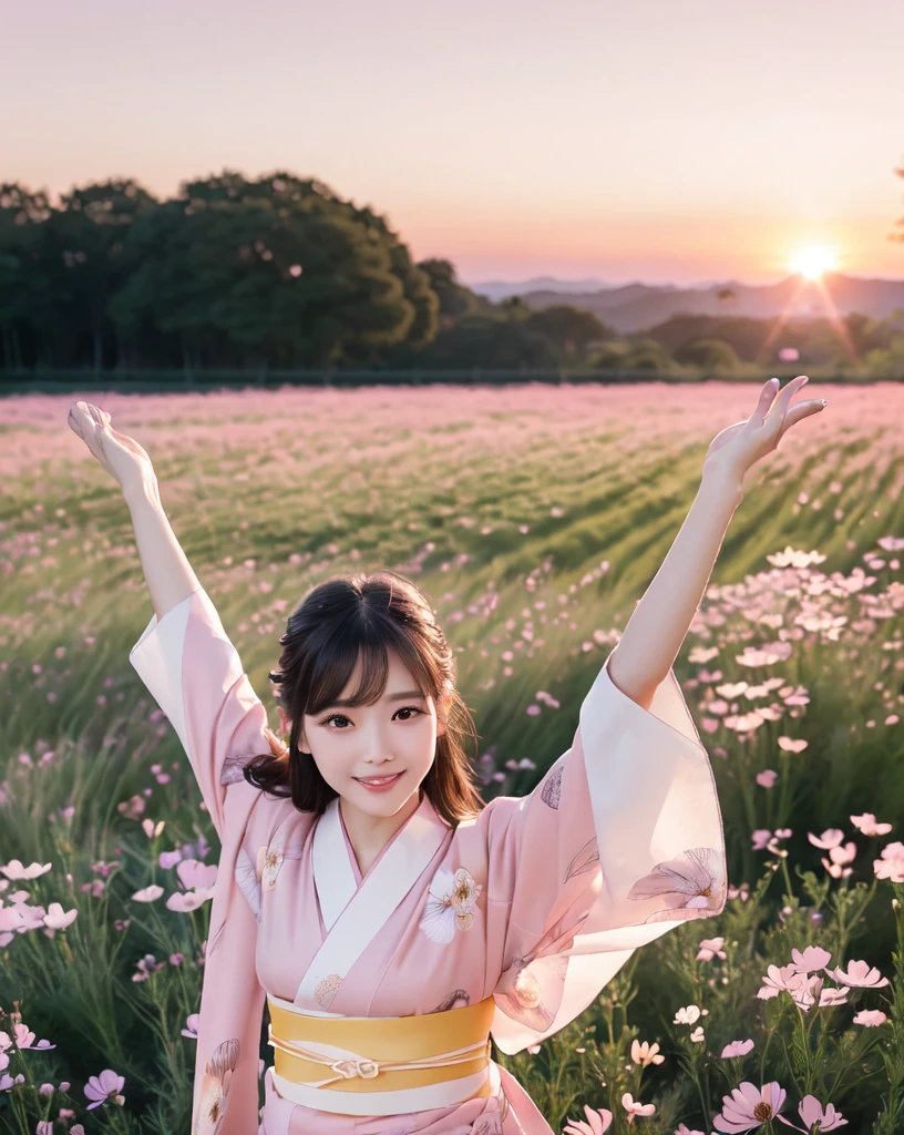 in(Highest quality, 32k, High resolution, Masterpiece:1.5), marimo_jet, god々A photograph with brilliant dazzling and healing power., Evoking a sense of calm and elusive beauty, Expressing emotions, Have a rich imagination, A flower field that stretches to the horizon, Nostalgic scenery of youth, Beautiful Japanese Girls, An exceptionally beautiful face, Small Face Beauty, Perfect Human Anatomy, Magical big eyes, Motherhood and generosity, Deep Love, fleeting smile, Shiny black hair, Beautiful long hair swaying in the wind, Asymmetrical bangs, Hair between the eyes, Transparent, soft white skin, Sharp eyebrows, Thin lashes, Natural Makeup, Cheek highlighter, Pale pink detailed lips, (Flower pattern kimono:1.4), ((Cosmos fields stretching to the horizon:1.3)), ((Pink Sky:1.3)), Beautifully detailed skies, ((Shining in the morning sunlight)), Professional photographer, Professional Lighting, Professional models, god秘的