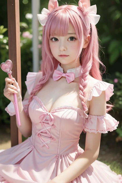 Girl with pink hair,ゴージャスなMagical girlの衣装,   Pink dress with ribbons and frills, I have a magic wand in my hand, Pink heart on the end of a stick, Magical girl, -yeld gi Gentle expression, Small breasts, Adult, Pink Cheeks