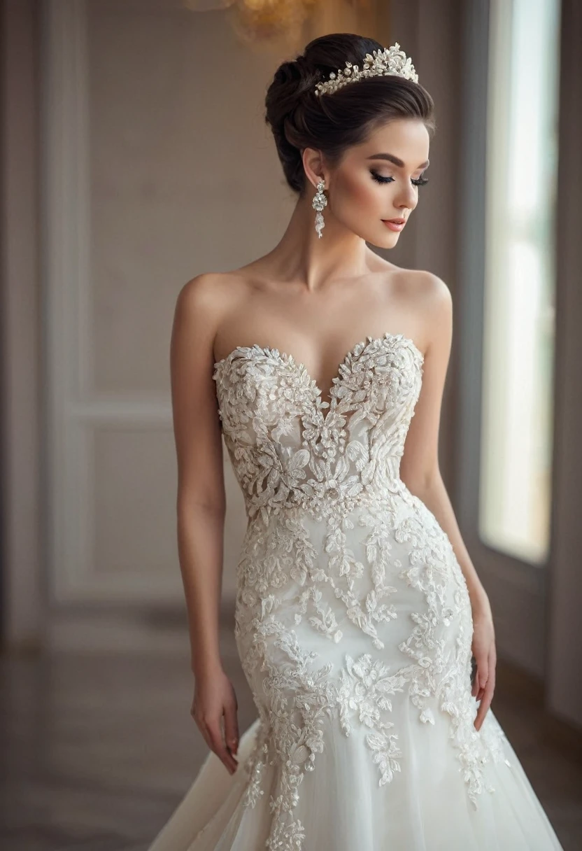 Beautiful woman, beautiful style, beautiful accessories, beautiful makeup, beautiful bride dress, simple,full-length, 