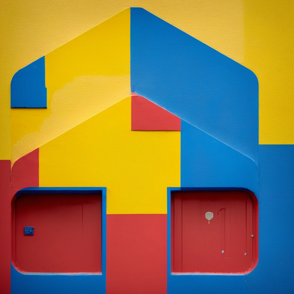 a close-up of a house with a red roof and a blue and yellow house, Red - yellow - blue building, logo without text, minimalist logo without text, ivan bolivian, logo, logo, leaked image, red color scheme, blue and gold, primary color scheme, tf 1, 2 5 6 x 2 5 6 pixels, colorful house, unique logo, 3 colour