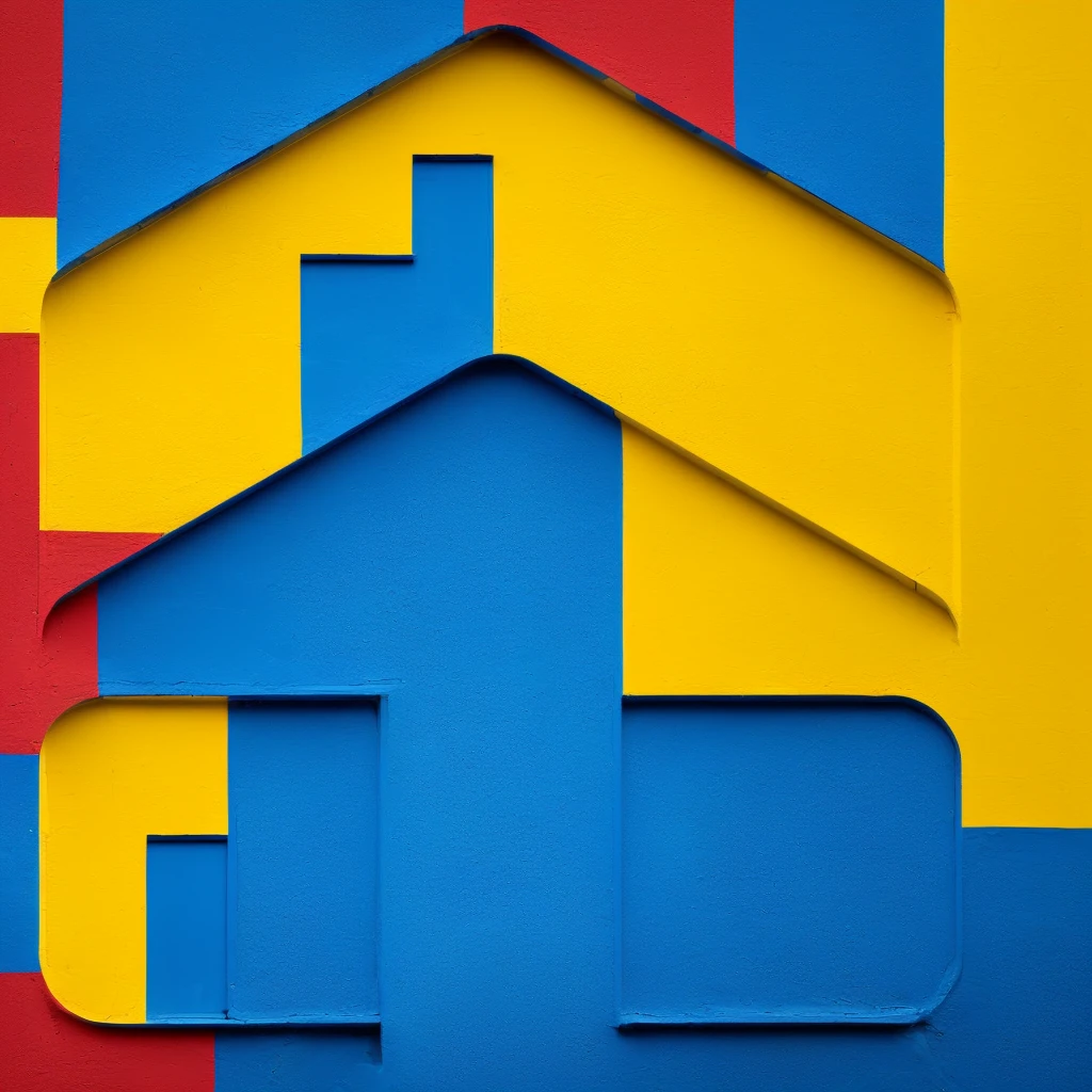 a close-up of a house with a red roof and a blue and yellow house, Red - yellow - blue building, logo without text, minimalist logo without text, ivan bolivian, logo, logo, leaked image, red color scheme, blue and gold, primary color scheme, tf 1, 2 5 6 x 2 5 6 pixels, colorful house, unique logo, 3 colour