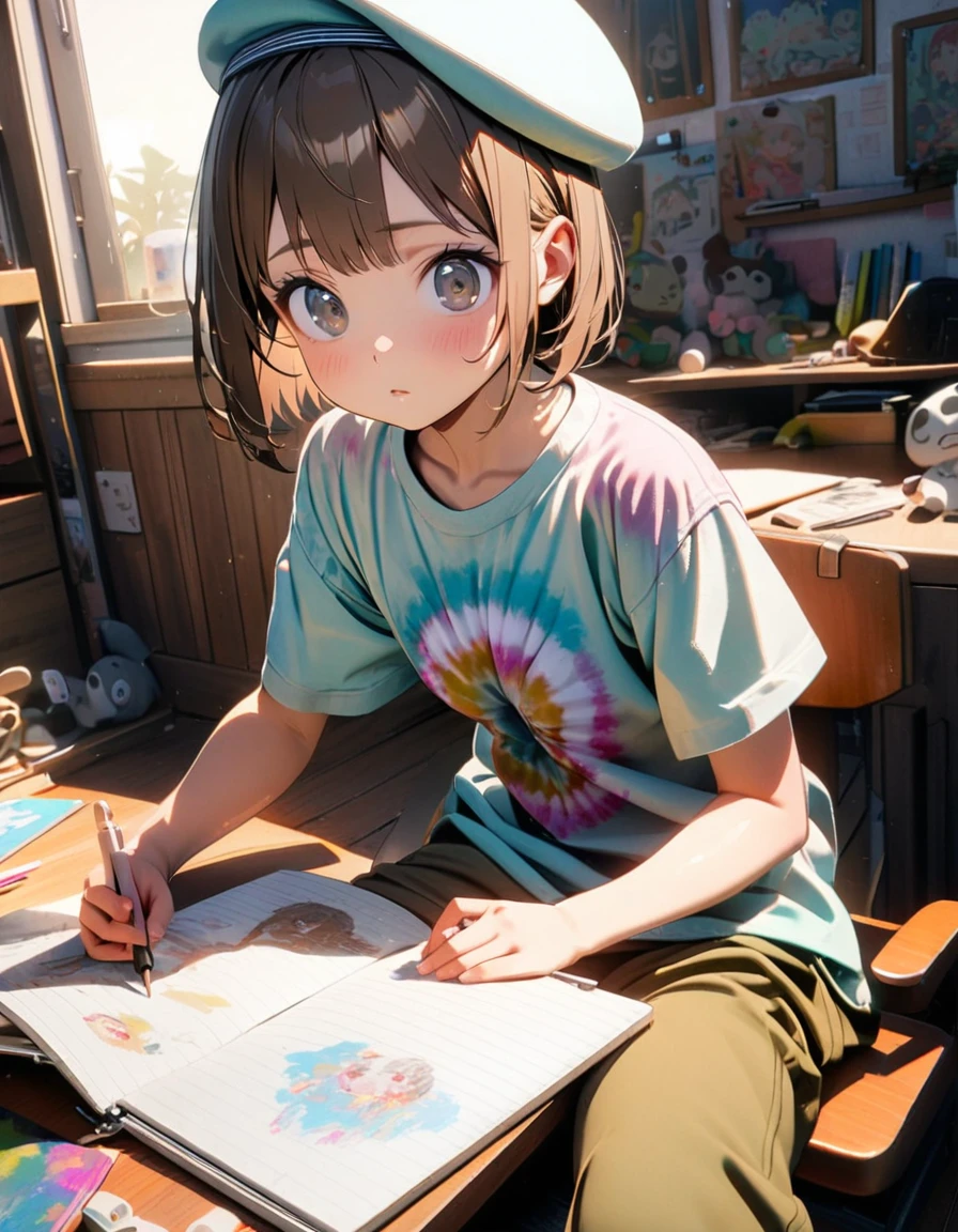 (8K, best quality, master piece: 1.2),super high resolution,1 girl,16yo,solo,ultra-detailed face,deep detailed eyes,Shiny Brown hair,short hair,Beret,tye dye tee,khaki gaucho pants,The girl is drawing on her shoulder in a sketchbook. The sketchbook has illustrations of three cats in different positions, along with the date,rim light,,Sitting,messy children's room