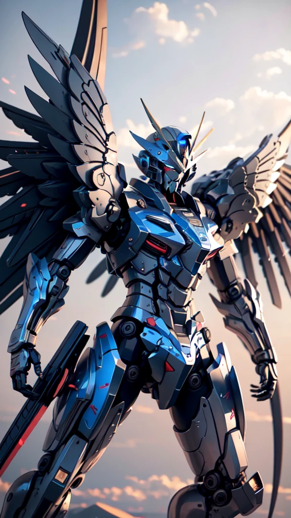 BJ_Gundam, wings, solo, blue_eyes, weapon, wings, gun, no_humans, glowing, robot, mecha, clenched_hands, floating, science_fiction, mechanical_wings, v-fin,
cinematic lighting,strong contrast,high level of detail,Best quality,masterpiece,White background,. Extremely high-resolution details,photographic,realism pushed to extreme,fine texture,incredibly lifelike,