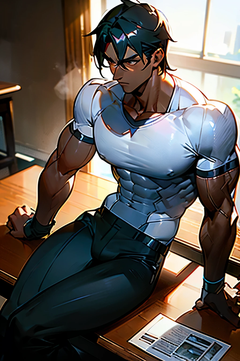 muscular man, dark skin, ((sitting at the table drinking coffee)), white shirt, black pants, thoughtful, hyper detailed, 8k, photorealistic, dramatic lighting, chiaroscuro, cinematic, moody, dramatic