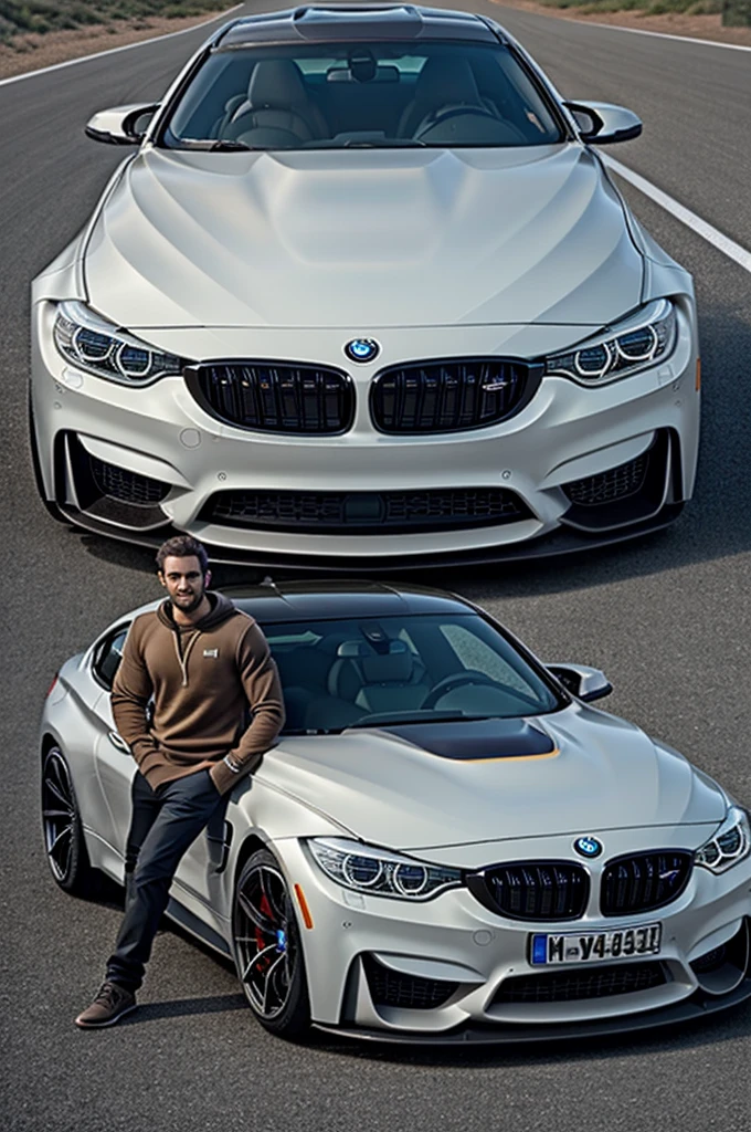 I want a real image of a man in a sweatshirt next to a BMW M4, preferably tan., with curly hair and that looks with flow