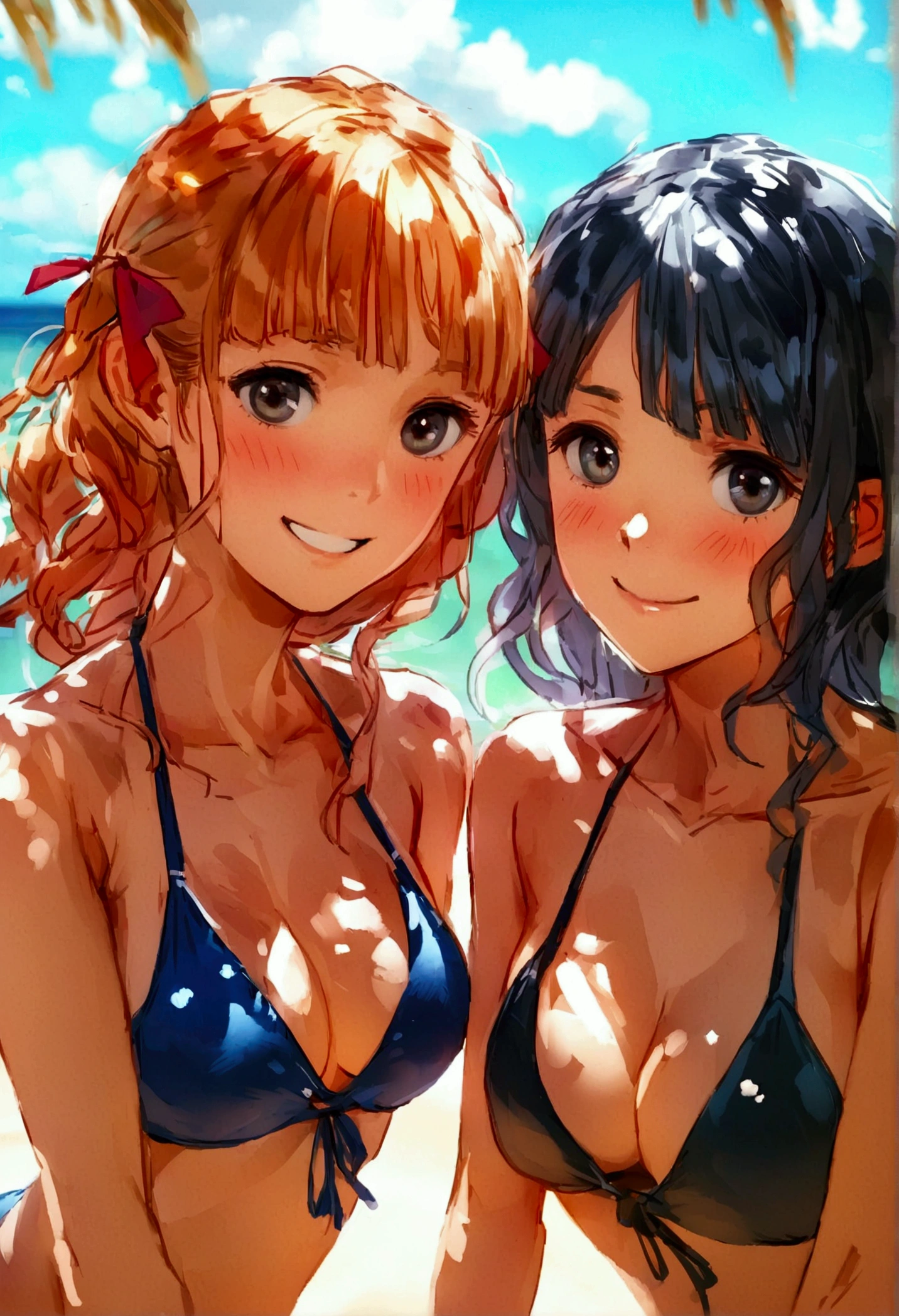 [high quality, best quality], [cinematic], 2girls, shijou raimu, shijou yuzuki, one-piece swimsuit, cheek-to-cheek, looking at viewer, smile, blush, beach, [bloom, hdr] 