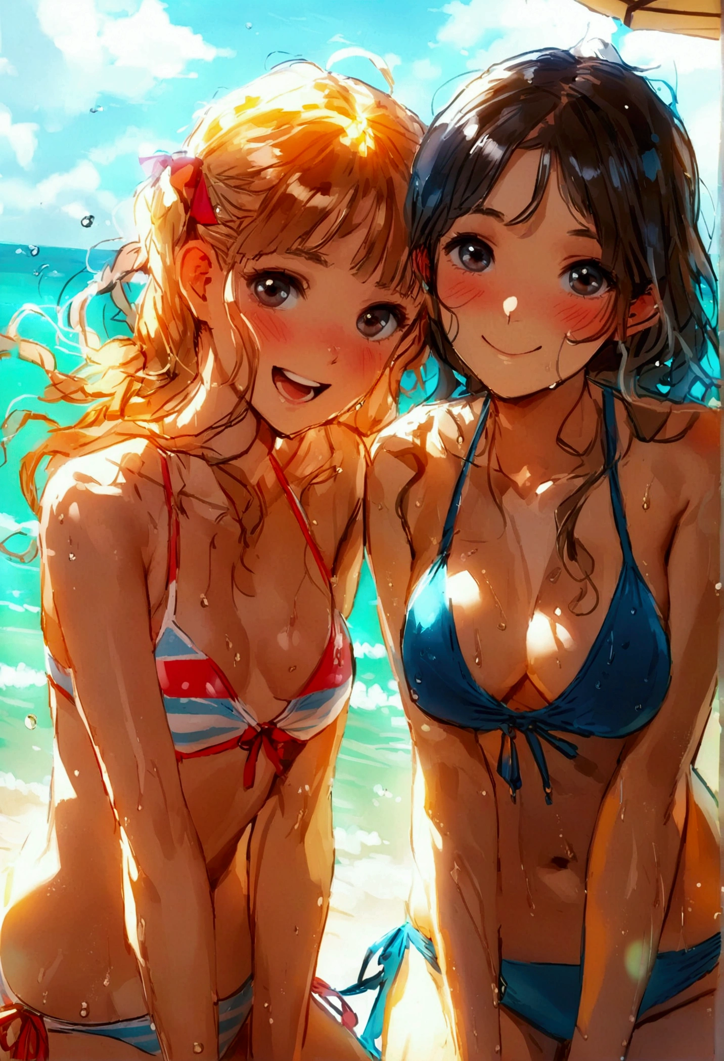 sksbrooke person, sksbrooke, (masterpiece:1.2), (best quality:1.2), perfect eyes, perfect face, 1girl, solo, brown eyes, (medium breasts), perky breasts, yellow stripe bandeau top and Brazilian bottom, beach background, smiling, kneeling, back turned 