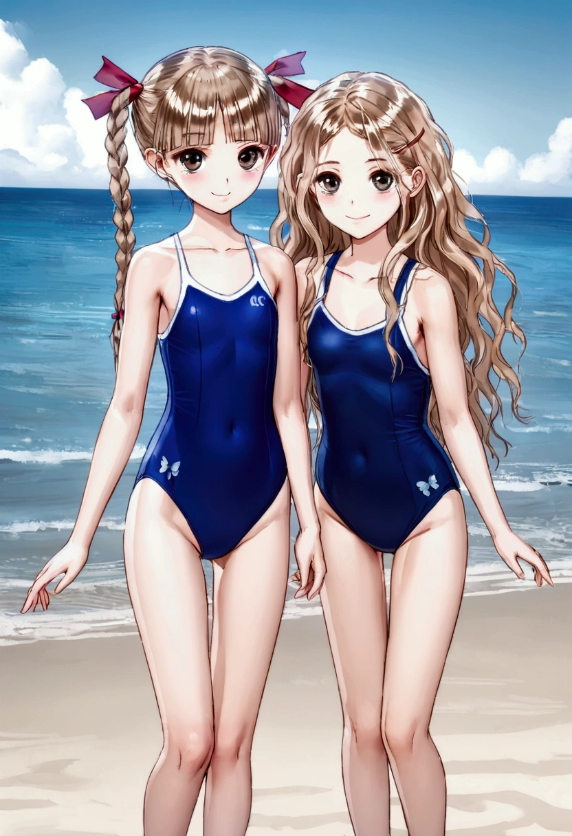 [high quality, best quality], [cinematic], 2girls, shijou raimu, shijou yuzuki, one-piece swimsuit, cheek-to-cheek, looking at viewer, smile, blush, beach, [bloom, hdr] 