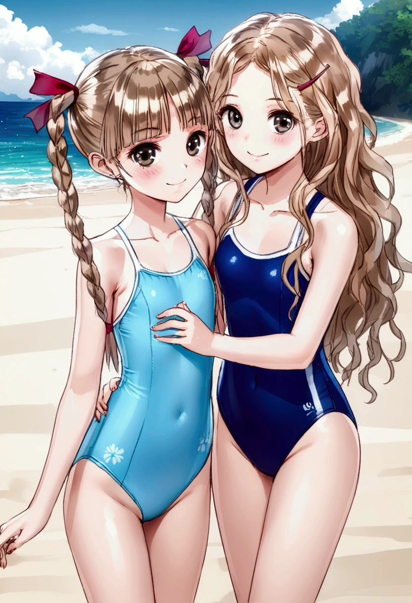 [high quality, best quality], [cinematic], 2girls, shijou raimu, shijou yuzuki, one-piece swimsuit, cheek-to-cheek, looking at viewer, smile, blush, beach, [bloom, hdr] 