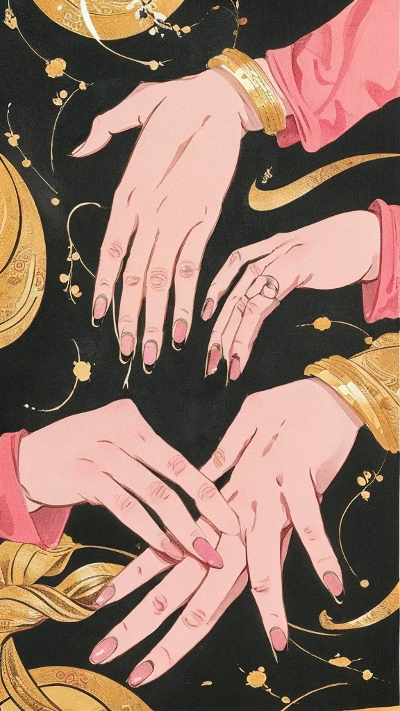 Paint a work in the traditional Chinese ink painting style with an emphasis on gold. Among them should be depicted a wise man with gray hair and long hair and sharp eyes of pink color. This sage should be a man with many hands and fingers and multiple faces.