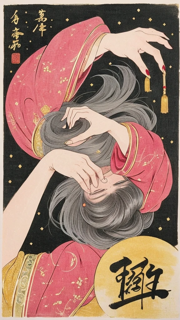 Paint a work in the traditional Chinese ink painting style with an emphasis on gold. Among them should be depicted a wise man with gray hair and long hair and sharp eyes of pink color. This sage should be a man with many hands and fingers and multiple faces.